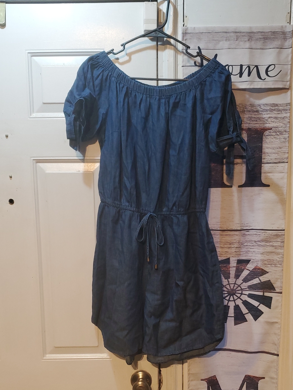 Denim-Style Off-Shoulder Tie-Waist Romper in Blue